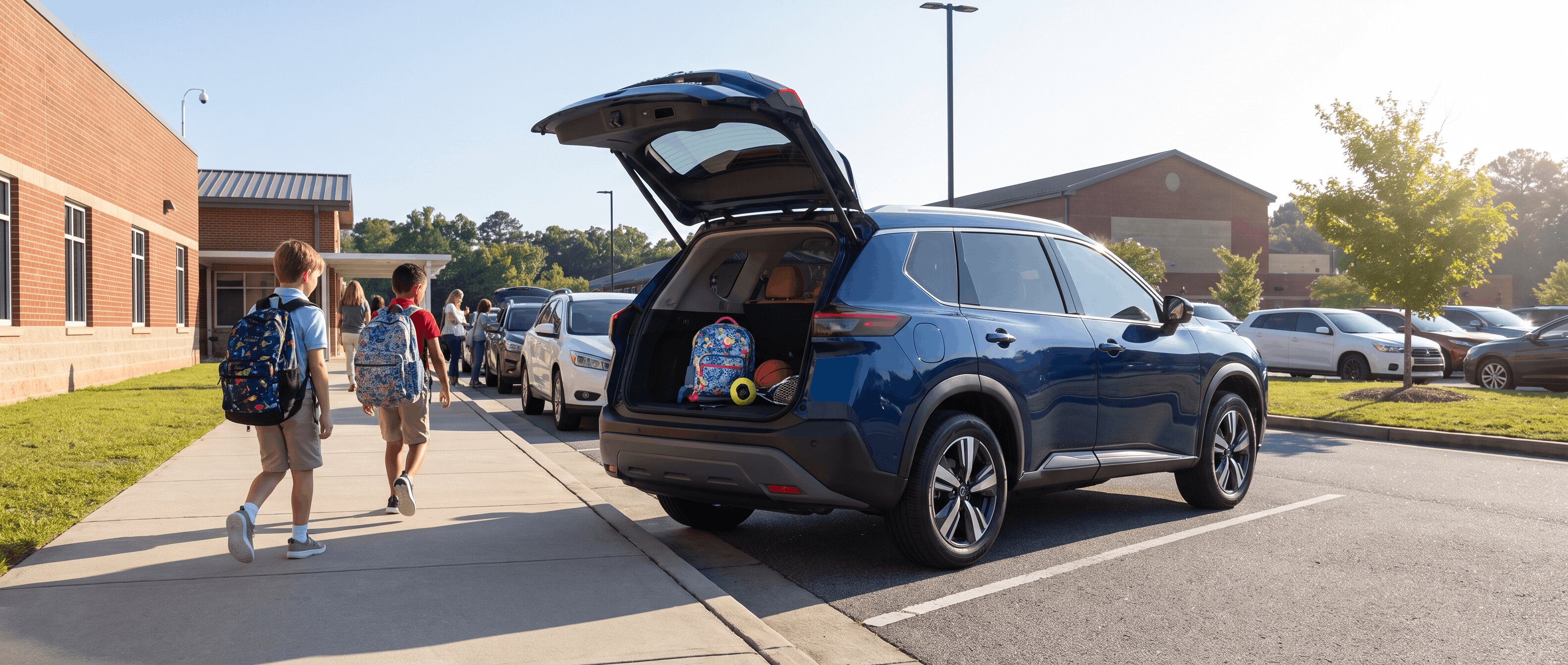 2026 Nissan Rogue in a Roswell school carpool pick-up lane with rear hatch open
