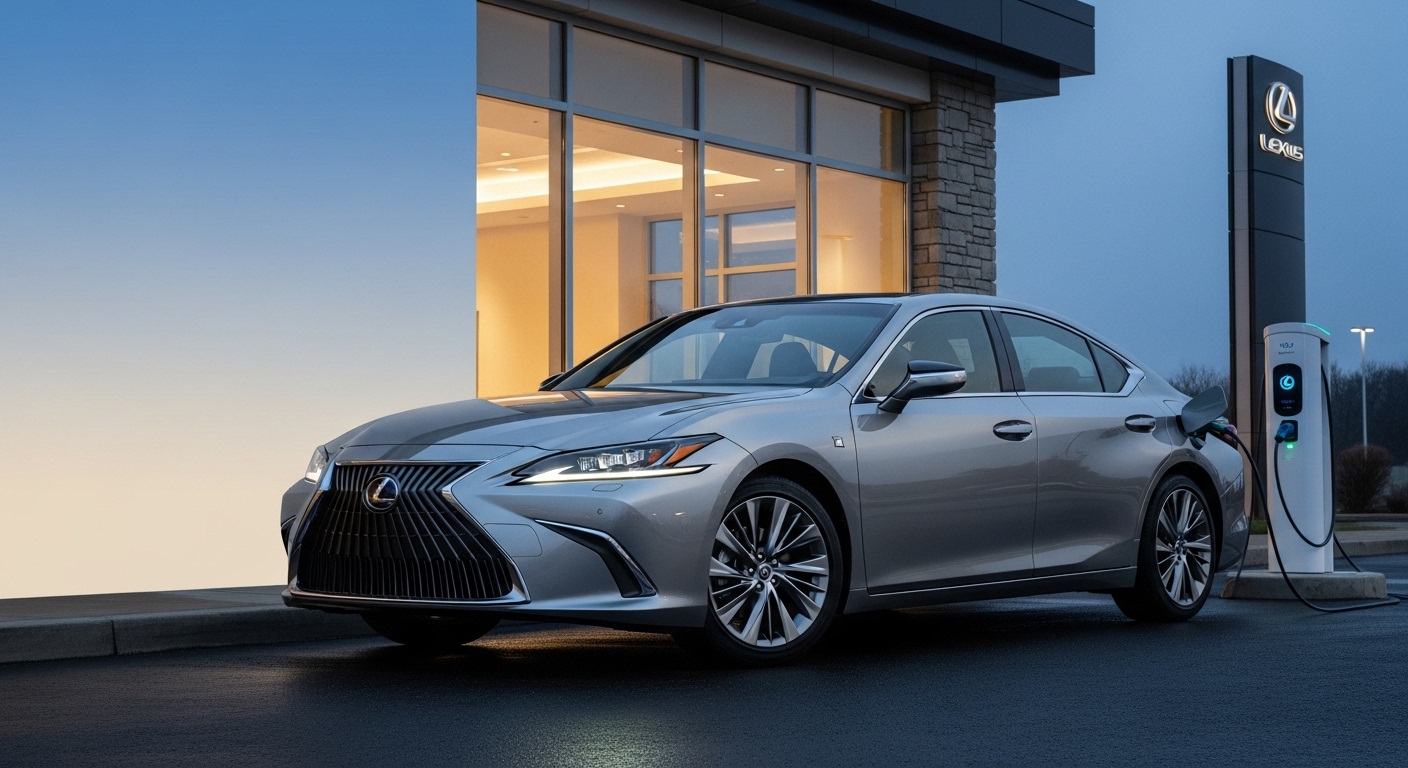 All-electric luxury sedan parked at dealership at dusk