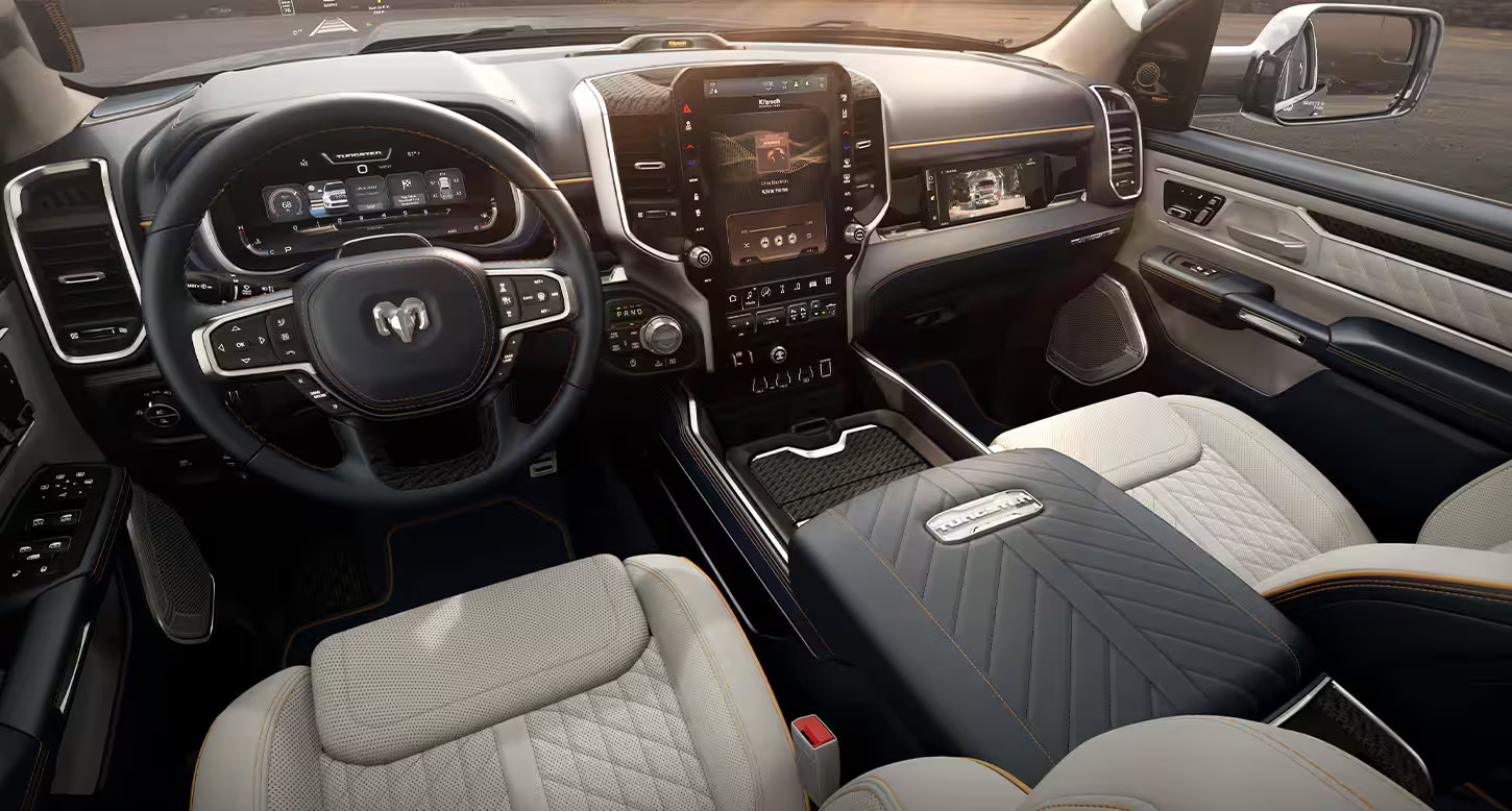 The front dash board of a ram truck.