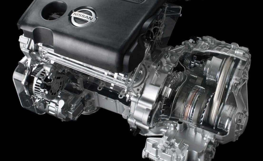 Nissan engine and transmission shown in a see-through cutaway