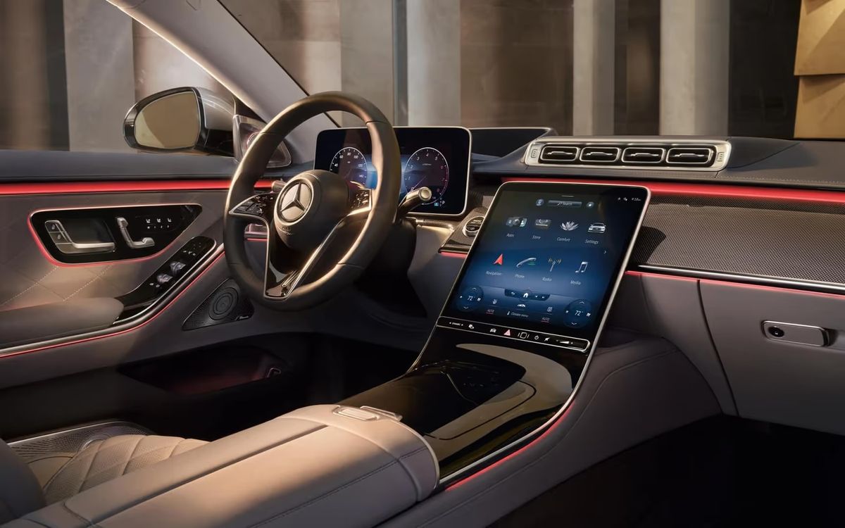 2026 Mercedes-Benz S 500 cockpit with 12.8-inch MBUX touchscreen and digital instrument cluster