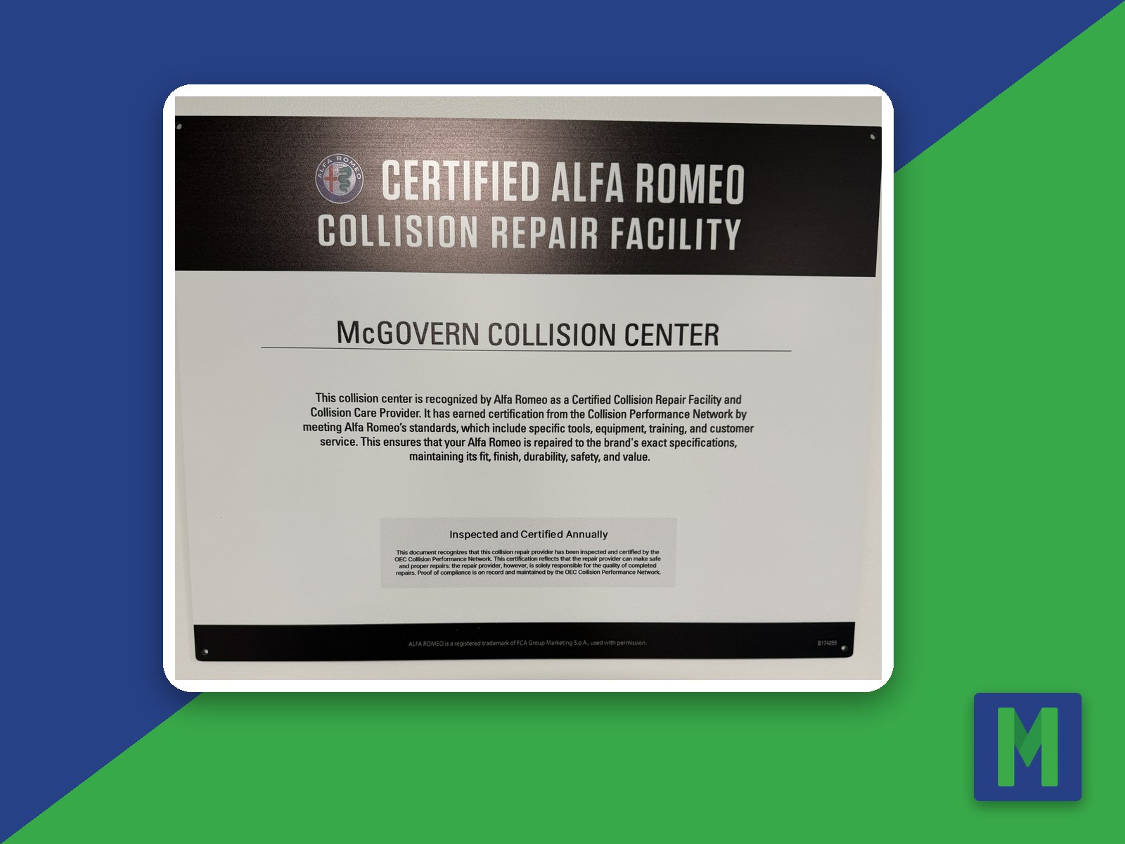 Alfa Romeo certification plaque at McGovern Collision Center in Shrewsbury, MA