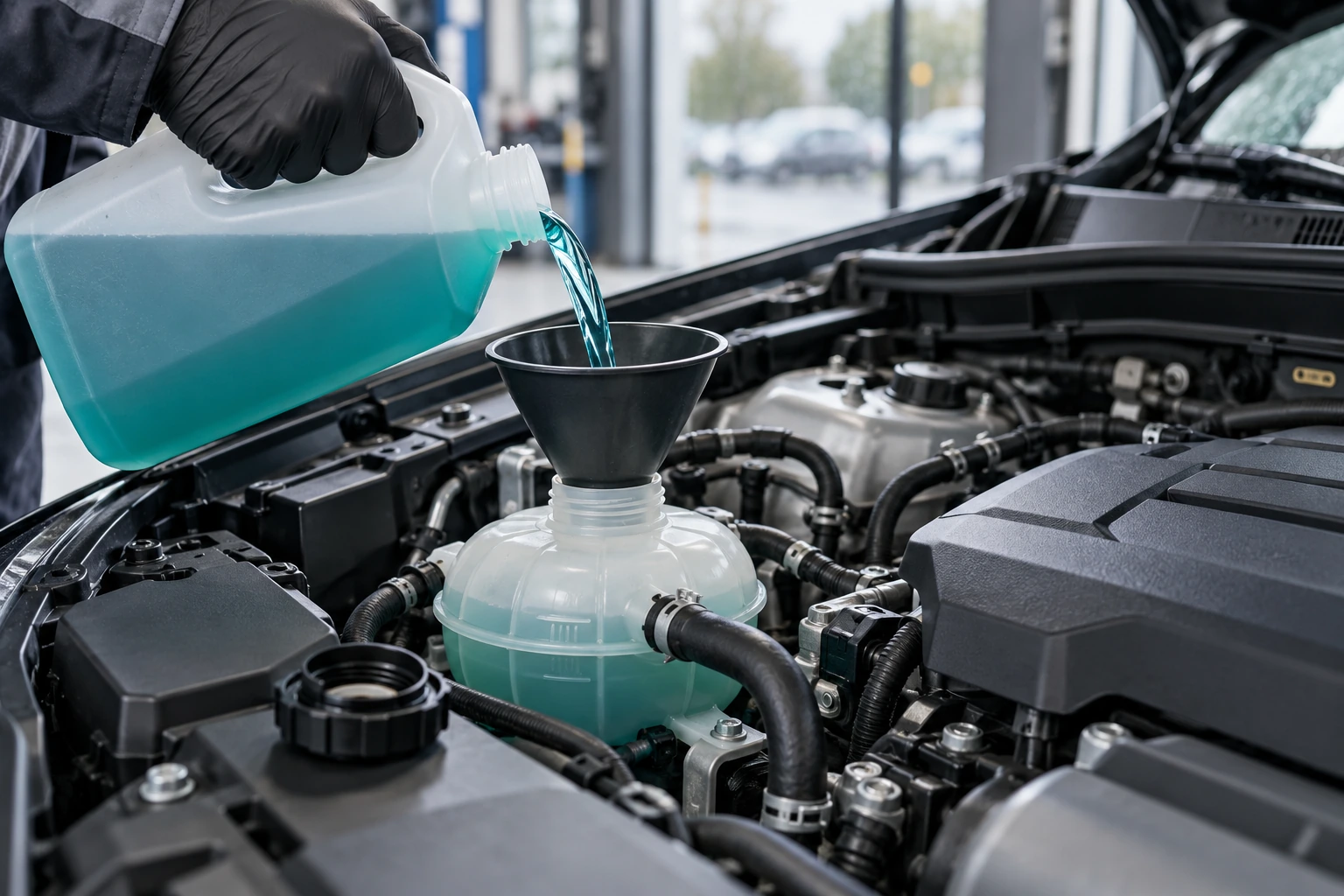 Fresh coolant being added during vehicle service