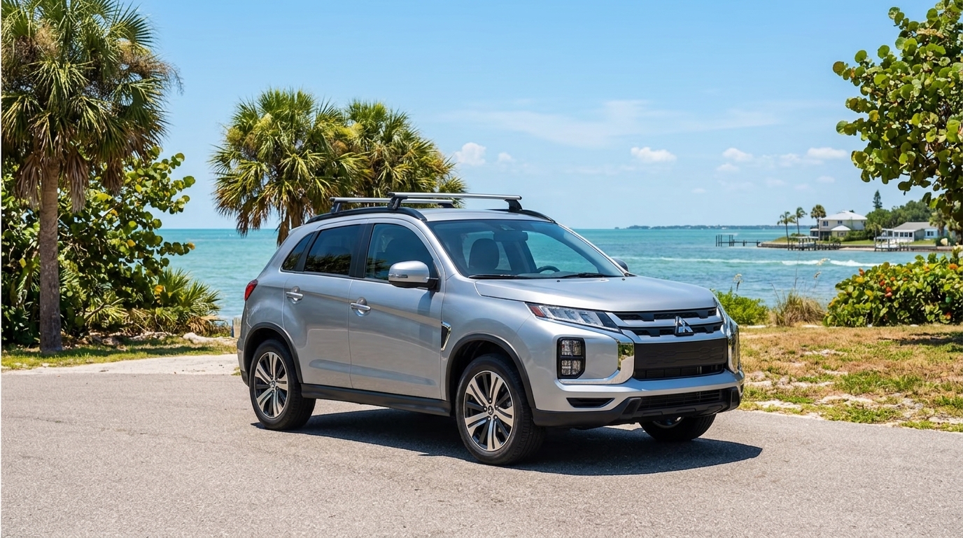 Silver Mitsubishi SUV parked on a sunny coastal road with palm trees and turquoise ocean in the background. (Representative image for illustration purposes only. Actual vehicle may vary based on trim and configuration.)