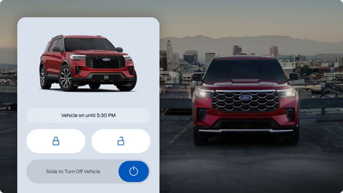 Red Ford Vehicle with FordPass App Graphic with Lock/Unlock Button