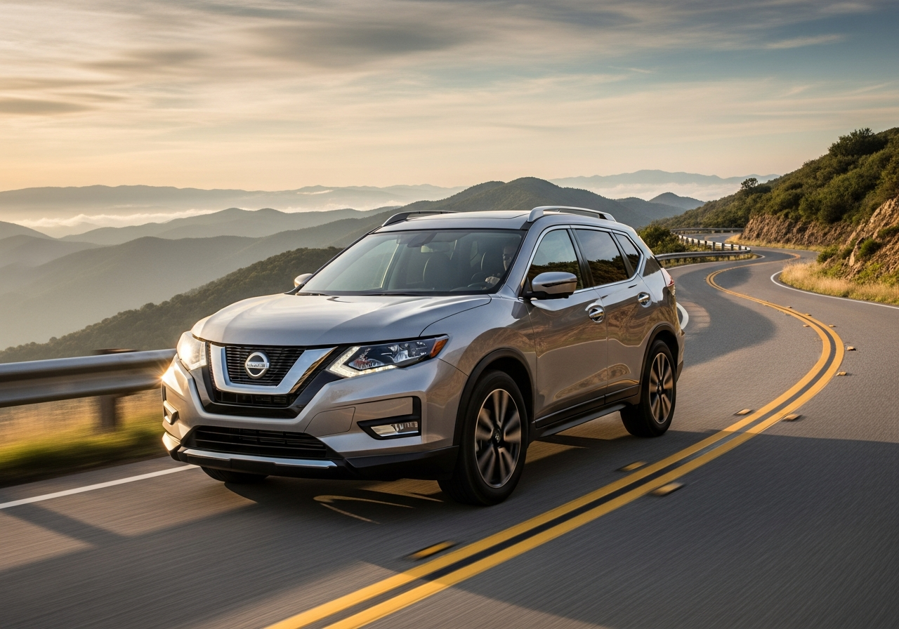 Nissan Rogue driving on a scenic mountain road