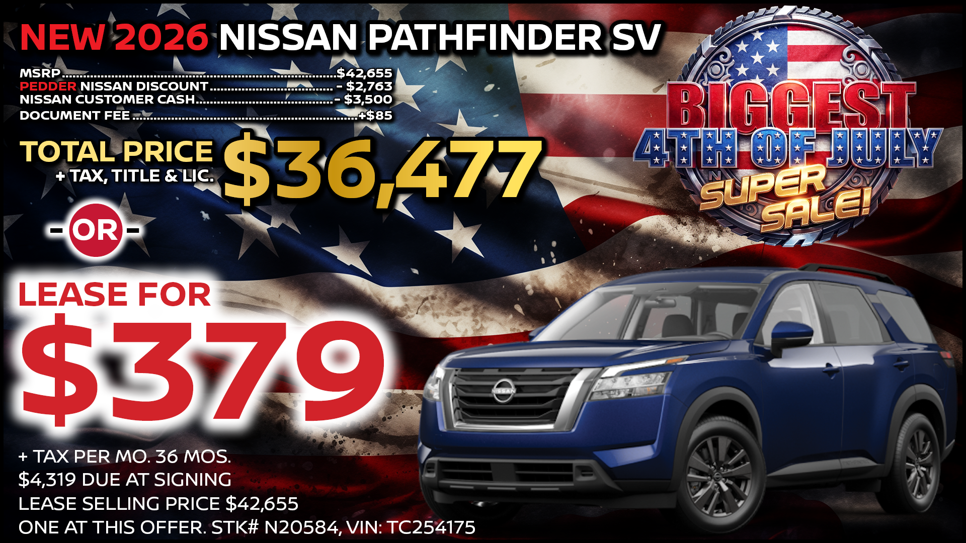2026 Nissan Pathfinder SV Lease Special