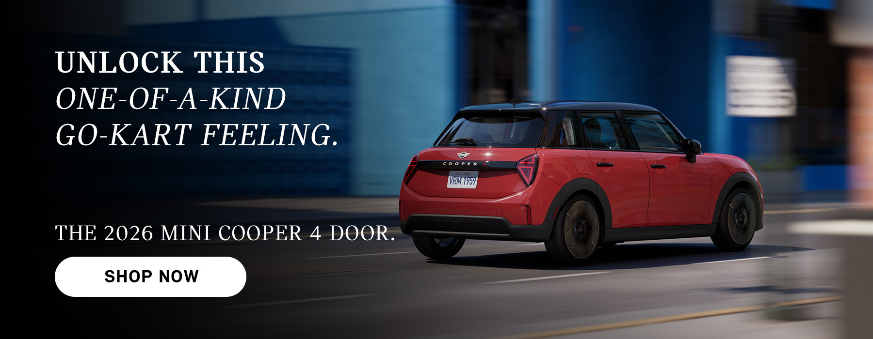 Red MINI Cooper 4-door driving on a city street, with motion blur in the background and ad text promoting the 2026 model and a “Shop Now” button.