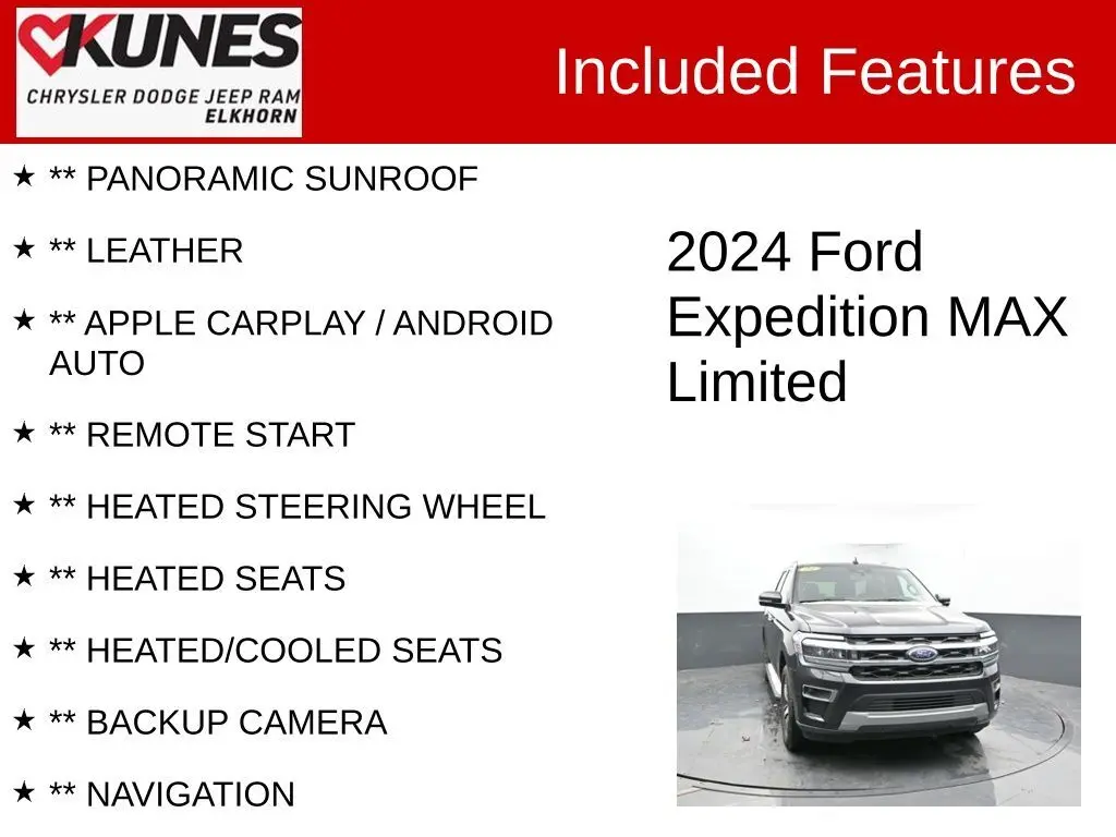 Used 2024 Ford Expedition Limited with VIN 1FMJK2A85REA62715 for sale in Elkhorn, WI