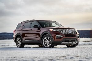 side view of a red 2021 Ford Explorer