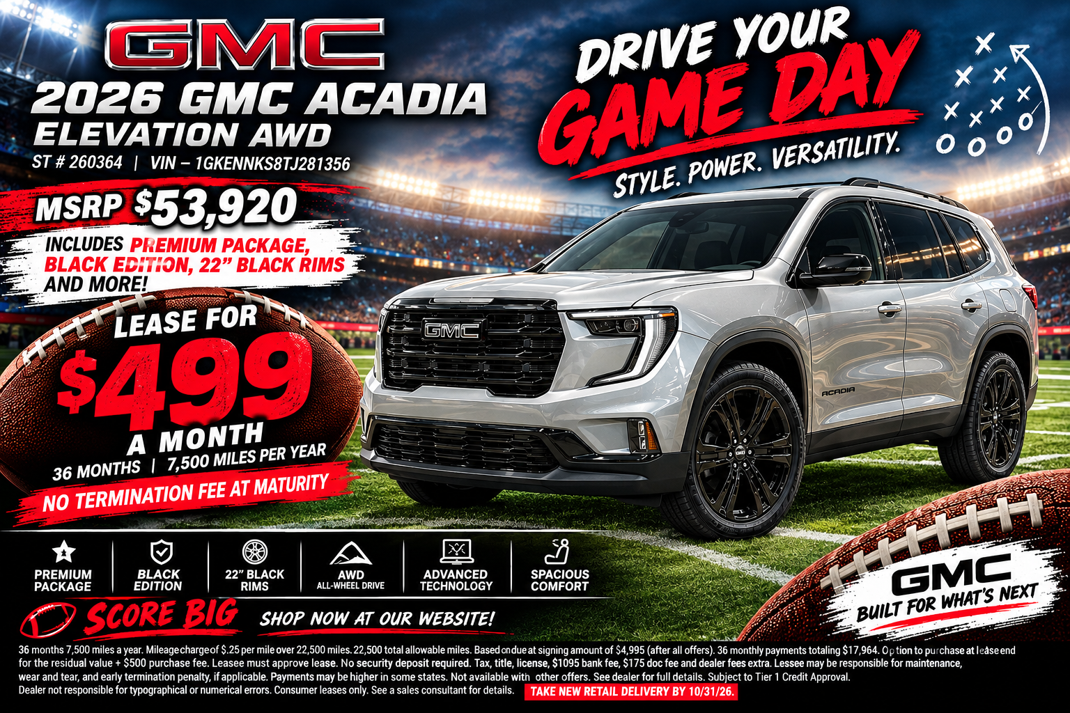 Advertisement for a black 2026 GMC Sierra 1500 Denali Ultimate, stock #260623: leased for $869 a month for 36 months at 10,000 miles a year, MSRP $90,230, with a 6.2L V8, Super Cruise, sunroof, 22-inch wheels, head-up display, power steps, rear camera mirror, rear underseat storage, tri-fold bed cover, and body-color wheel arch moldings, no termination fee at maturity, from Van Buren GMC