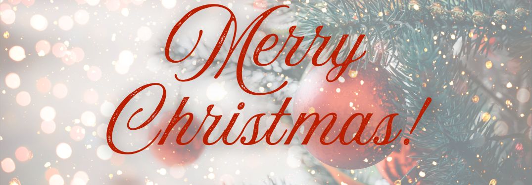 Christmas Tree with Red Ornaments and Red Merry Christmas Text