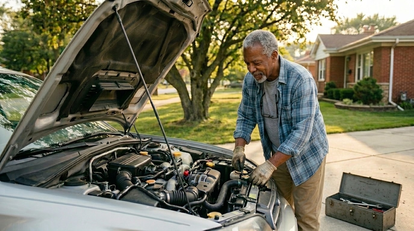an older man working on an old Subaru