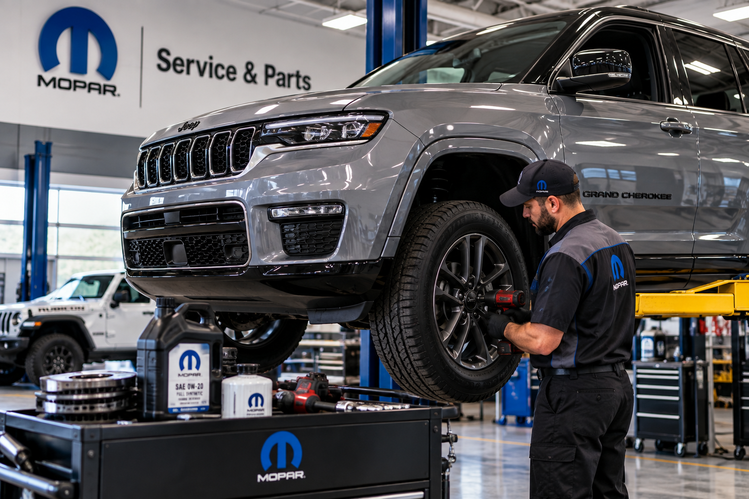 Jeep Grand Cherokee receiving Mopar service and maintenance in a dealership service bay