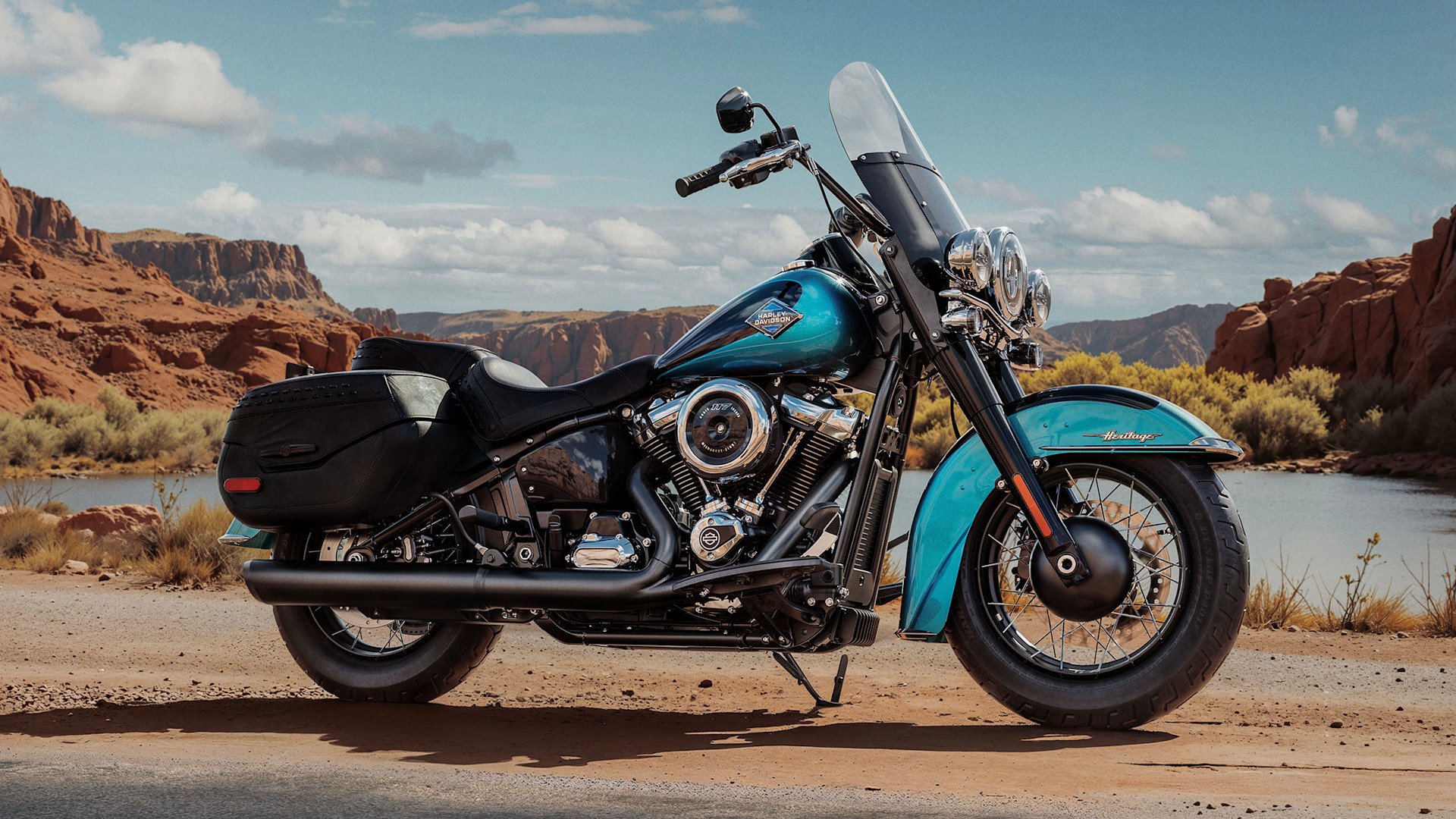 blue harley davidson parked on desert road