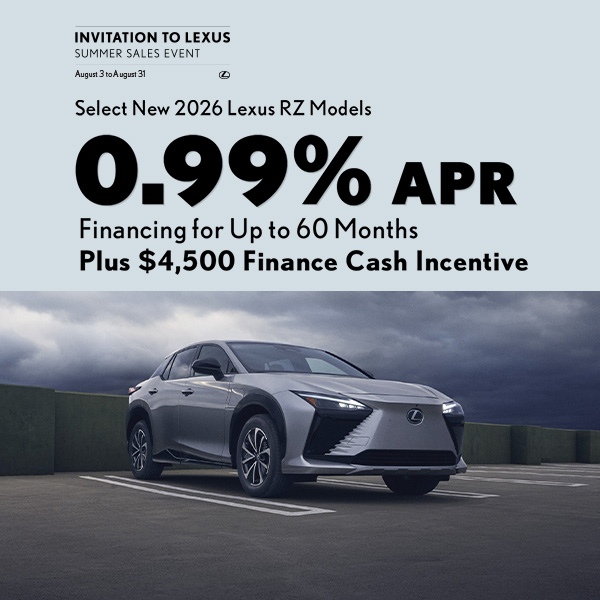 ALT TAG: 0.99% APR plus $4,500 finance cash on select 2026 Lexus RZ models in Greenville, SC
