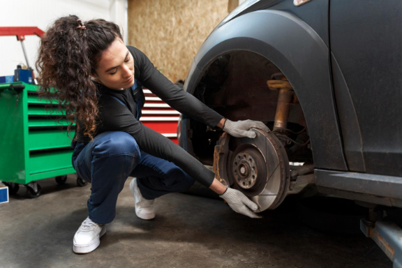 A woman mechanic implimenting brake solutions in your pre owned cars.