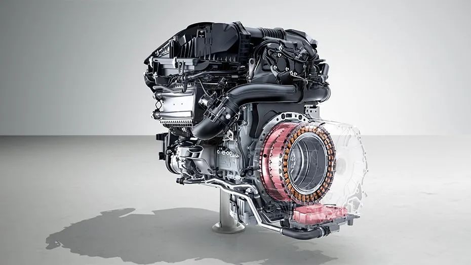 Mercedes-AMG E 53 HYBRID drive unit showing the electric motor integrated with the turbocharged inline-six