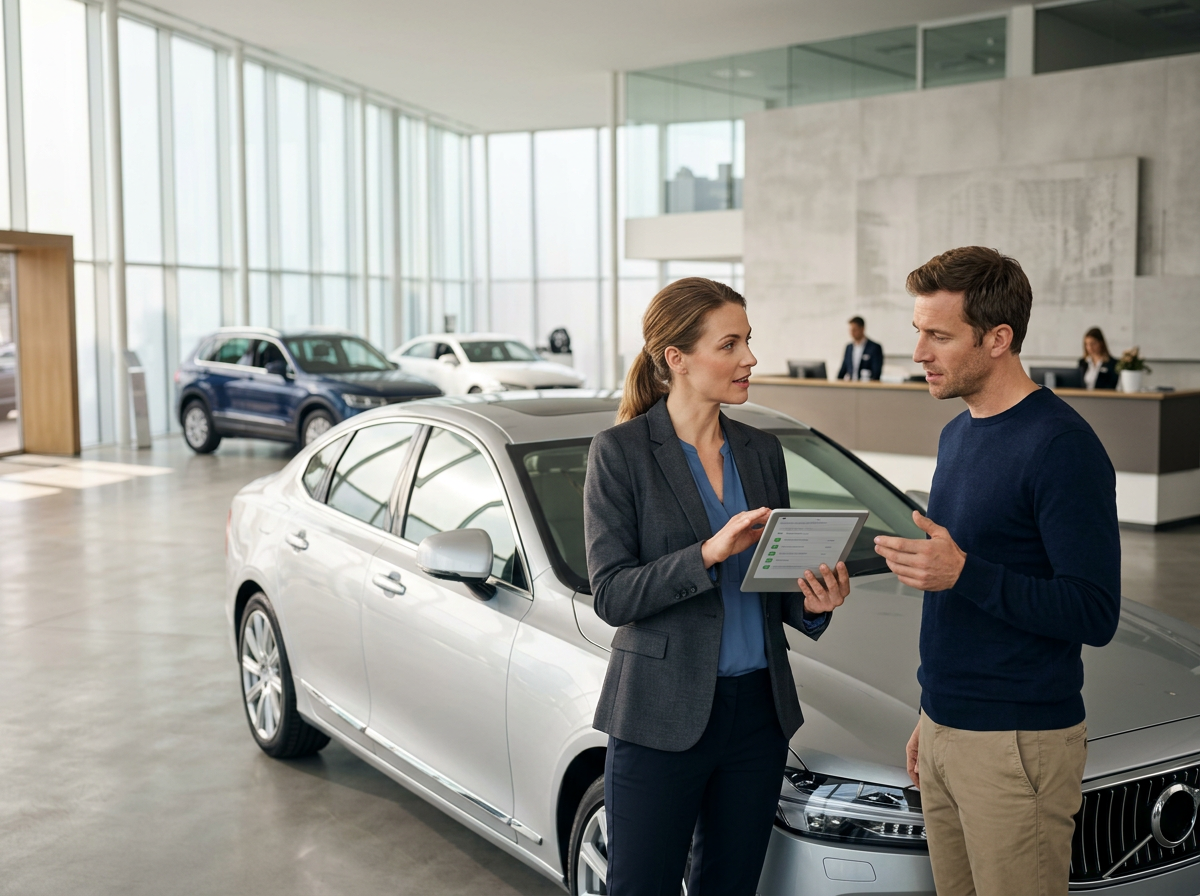 Automotive dealership staff guiding a customer through a test process