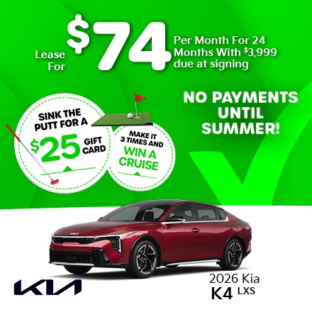2026 Kia K4 LXS Lease for $74 per month with $3,999 due at signing