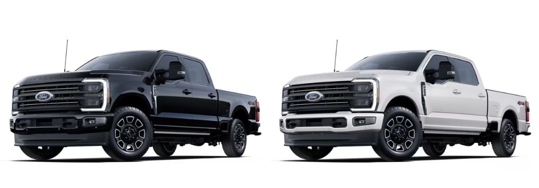 Agate Black Metallic and Star White Metallic 2025 Ford Super Duty Models on White Background