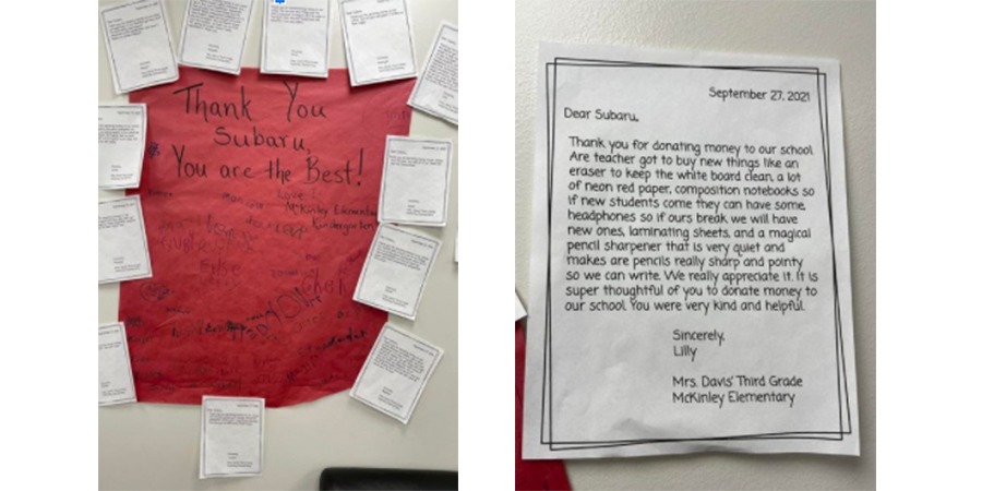Subaru Loves Learning thank you notes from McKinley Elementary School