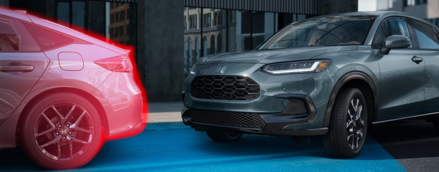 Simulated sensor lines coming from a green 2027 Honda HR-V