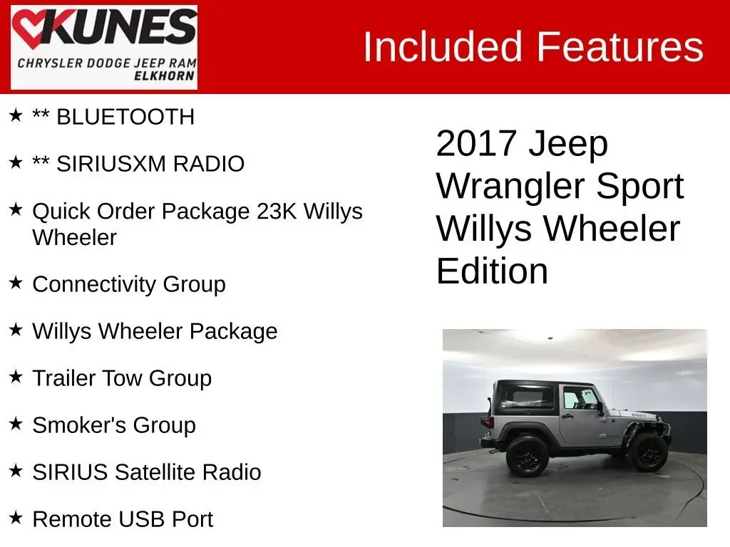 Used 2017 Jeep Wrangler Willys Wheeler with VIN 1C4AJWAG5HL610261 for sale in Elkhorn, WI