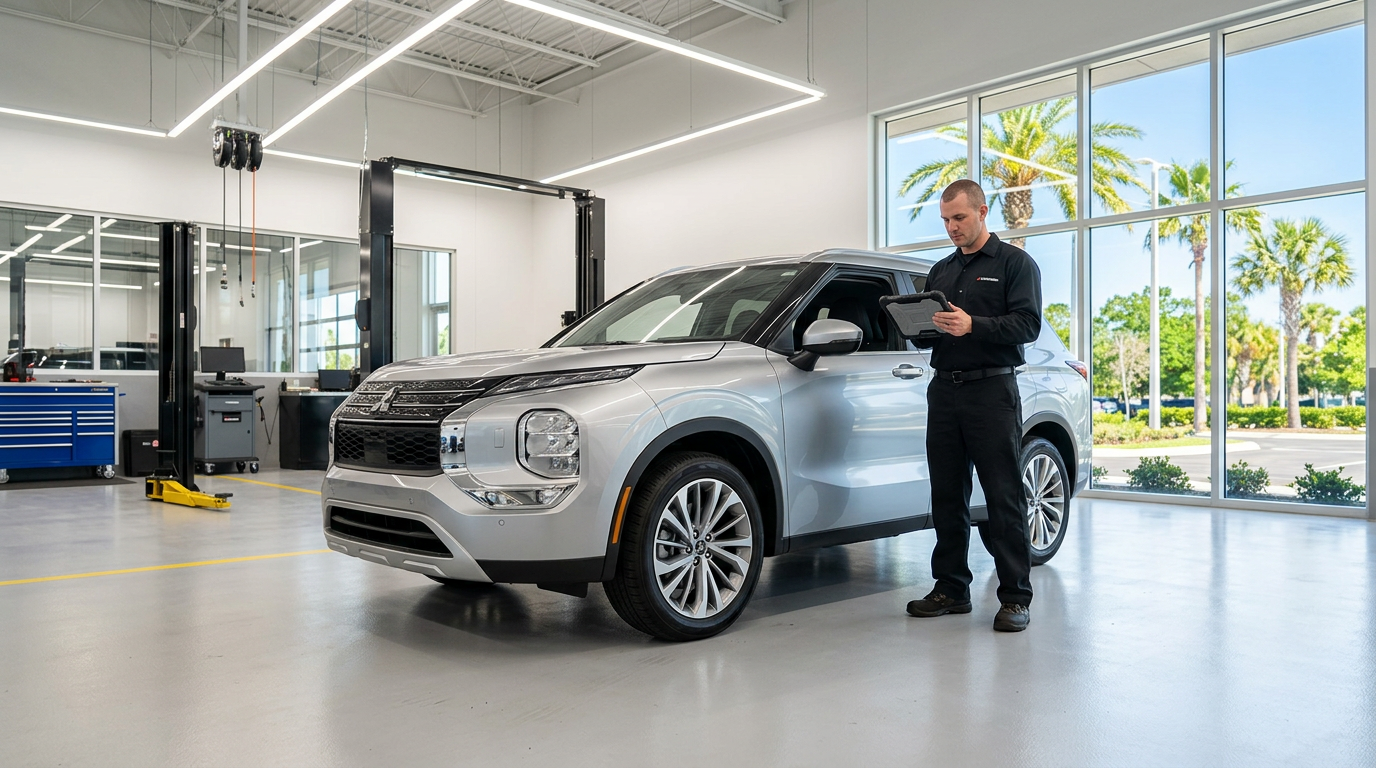 A technician in a black uniform stands next to a silver SUV using a tablet in a bright automotive service bay. (Representative image for illustration purposes only. Actual vehicle may vary based on trim and configuration.