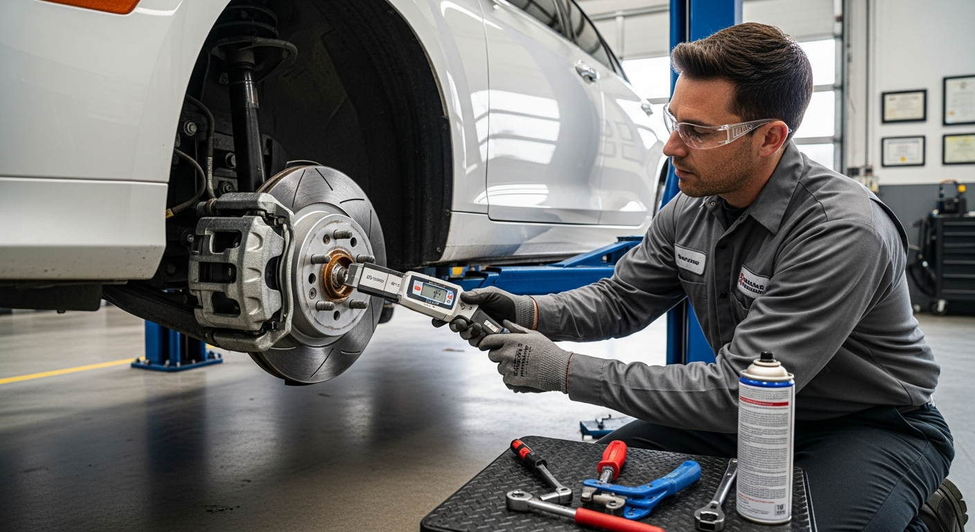 Mechanic inspecting a vehicle brake rotor and caliper