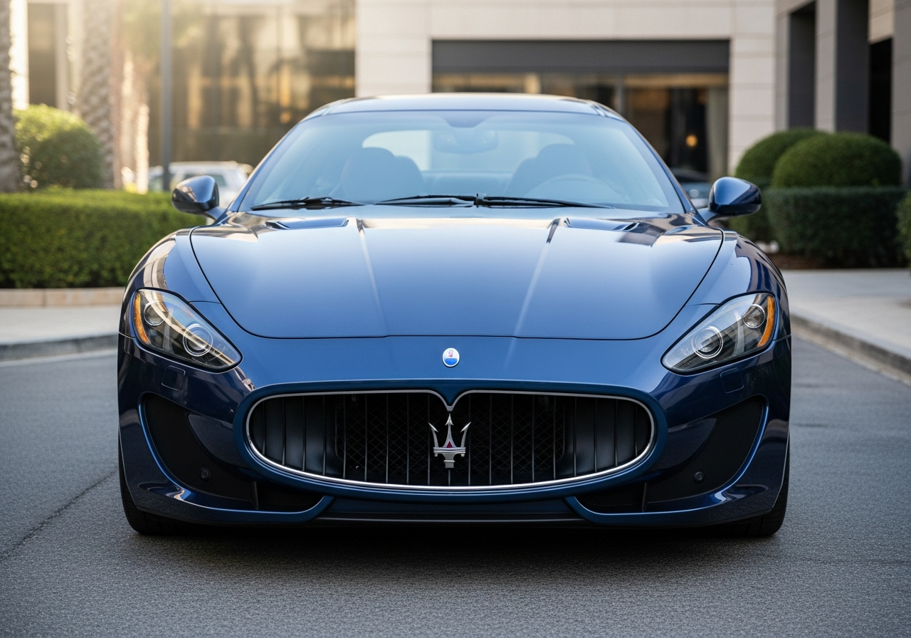 Maserati GranTurismo side profile parked in front of modern architecture