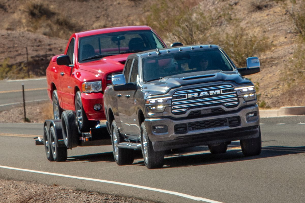 2025 RAM 2500 Exterior Passenger Side Front Angle while Towing Another Truck