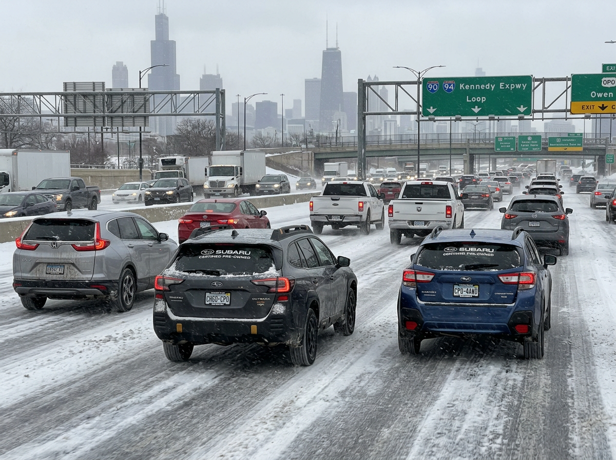 Snow-covered neighborhood street in Chicago winter