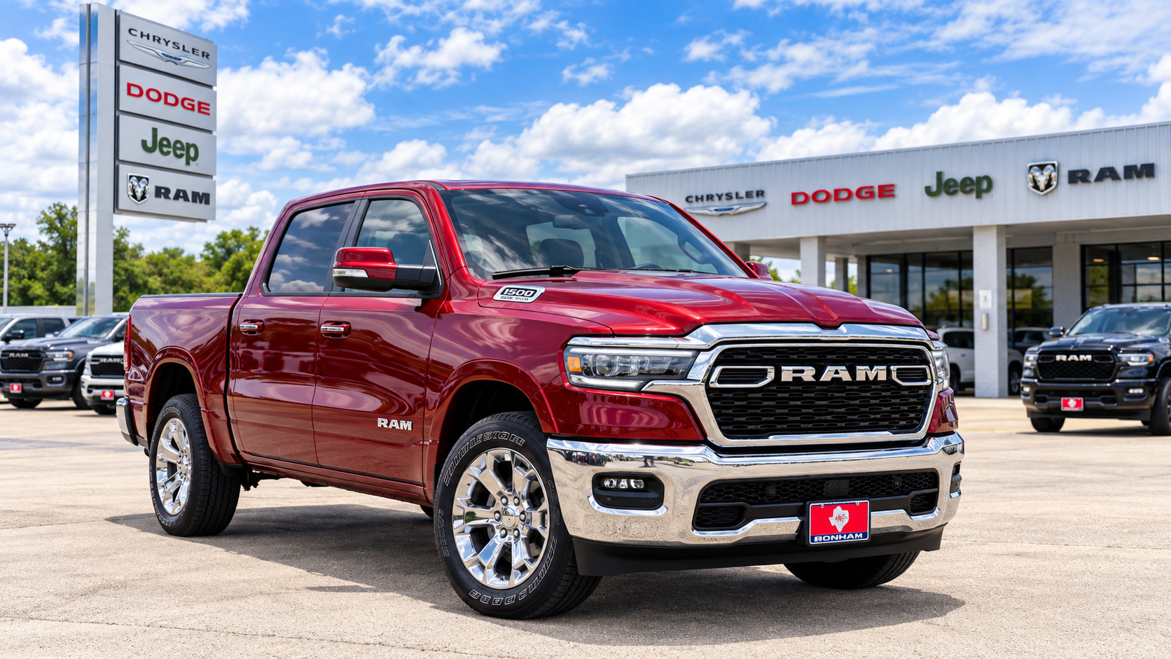 Illustration of a red RAM 1500 outside a dealership