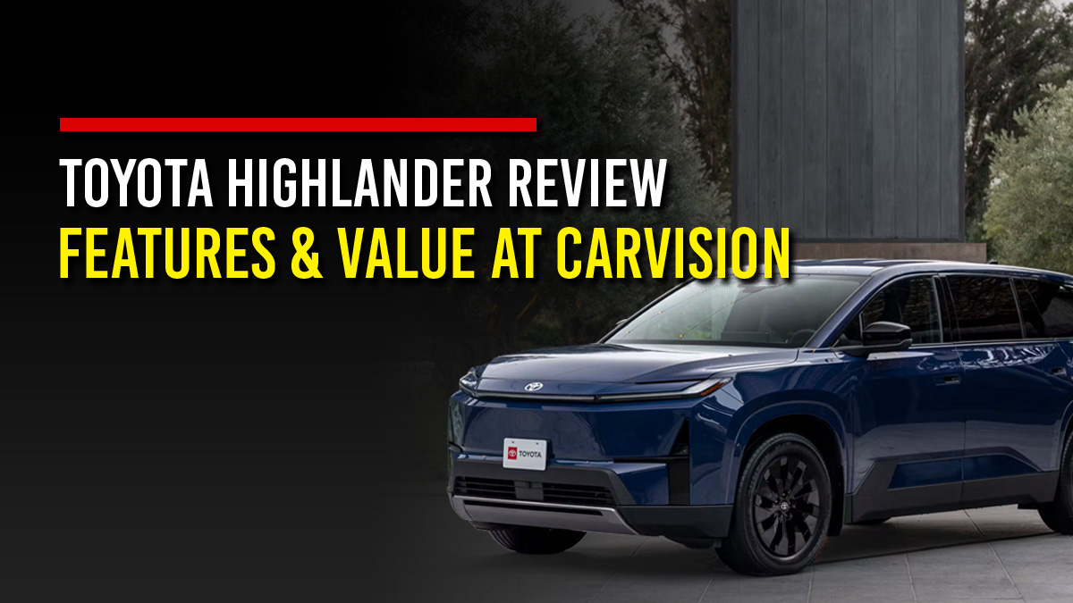 Dark blue Toyota Highlander three-row SUV parked outside a modern building surrounded by trees, next to the headline “Toyota Highlander Review, Features & Value at CarVision”