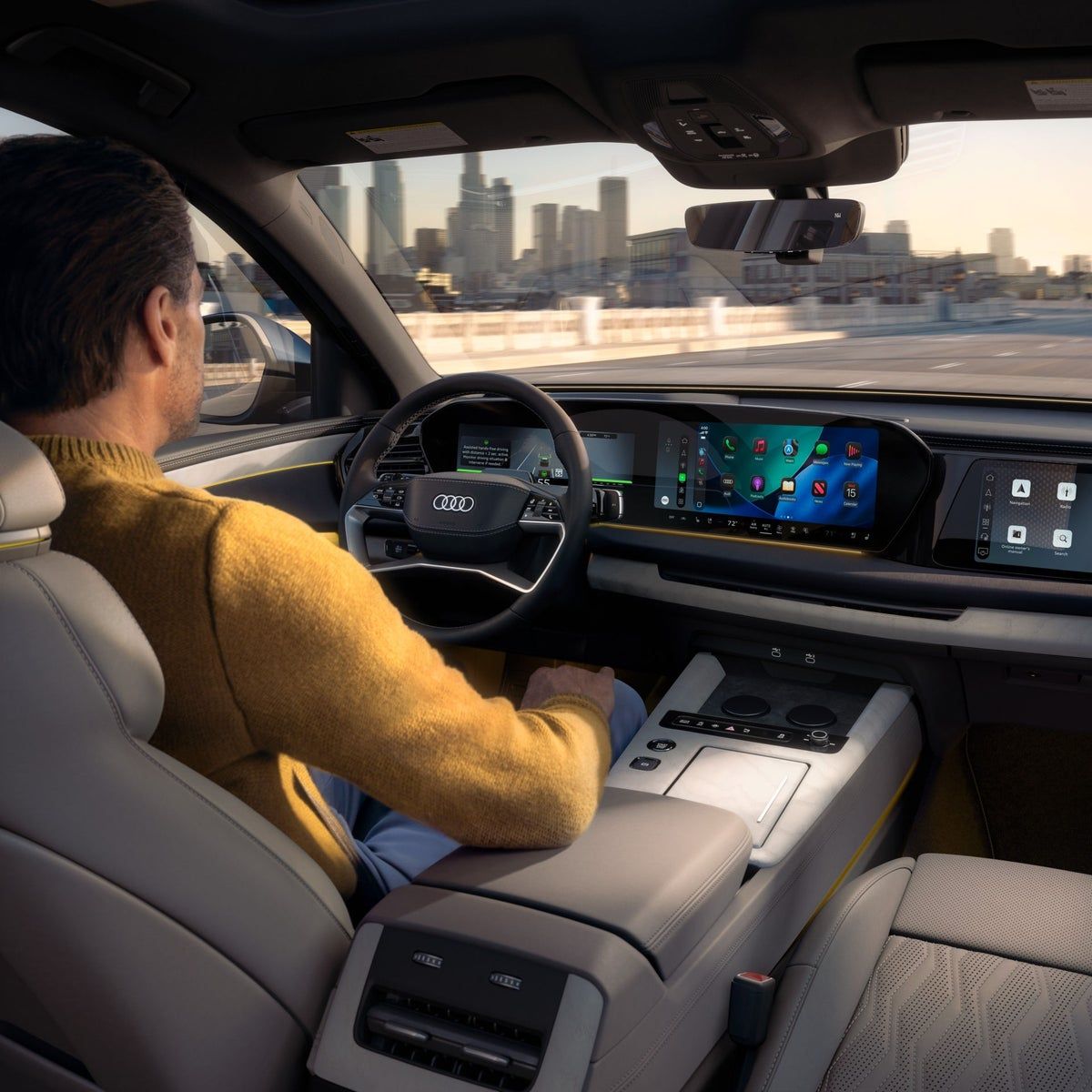 2027 Audi Q9 driver cabin with the hands-free highway driving display