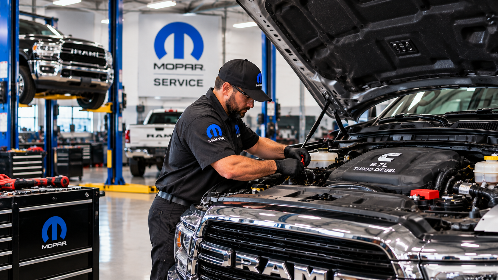 Mopar technician servicing a 6.7L Cummins Turbo Diesel RAM heavy-duty truck for diesel repair in Bonham, TX