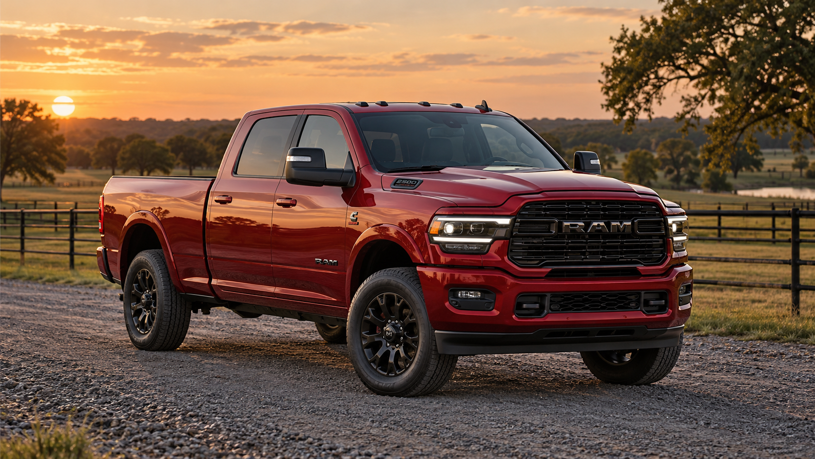 Red RAM 2500 pickup beside ranch fencing at sunset