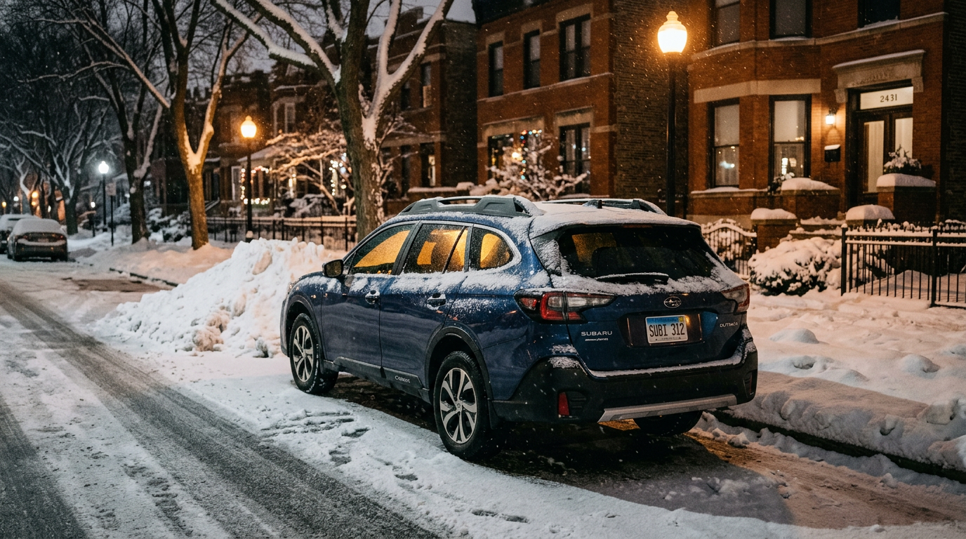 Snow being cleared from a vehicle windshield during a Chicago winter storm