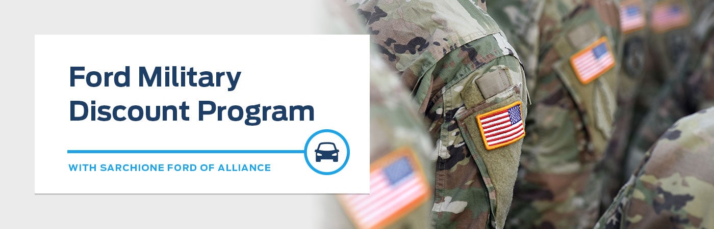 ford military discount program with image of four american flag patches on uniforms