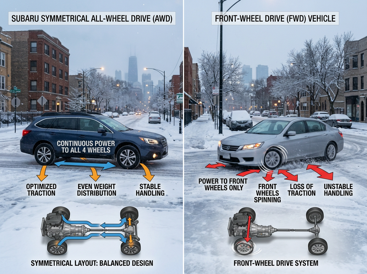 Snowy intersection near Chicago with plow berms