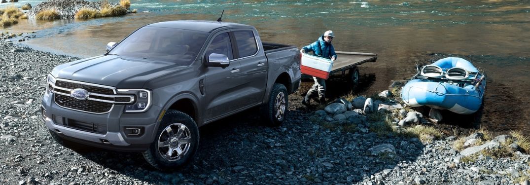 Gray 2024 Ford Ranger with Boat Trailer at a River