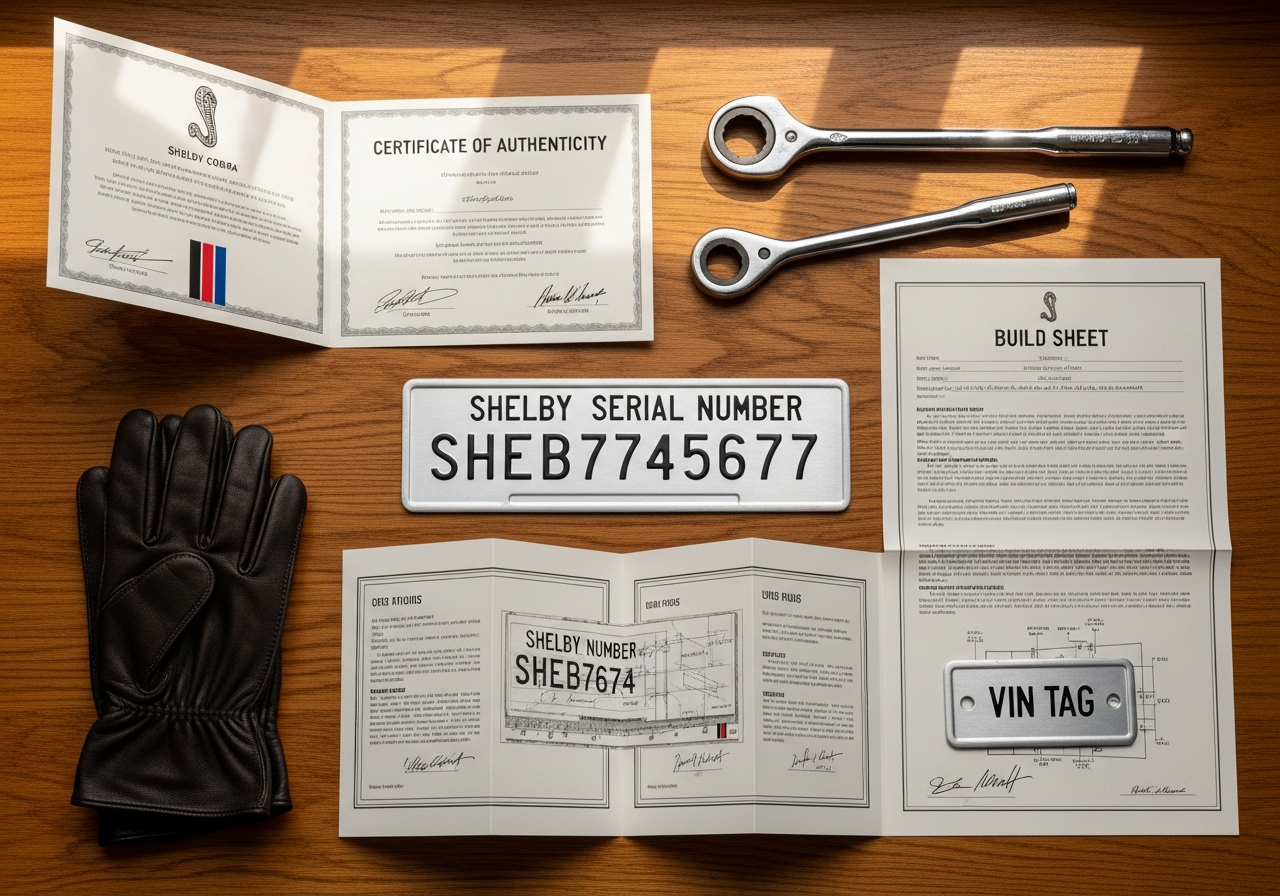 Shelby serial number plate and documentation on a workbench