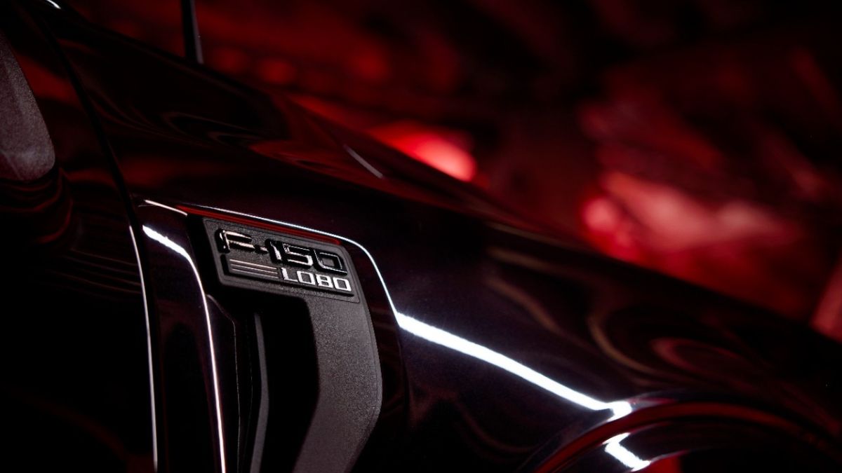 Close Up of 2026 Ford F-150 Lobo Side Badge on Black Exterior