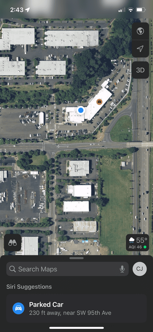 Apple Maps showing a parked car location