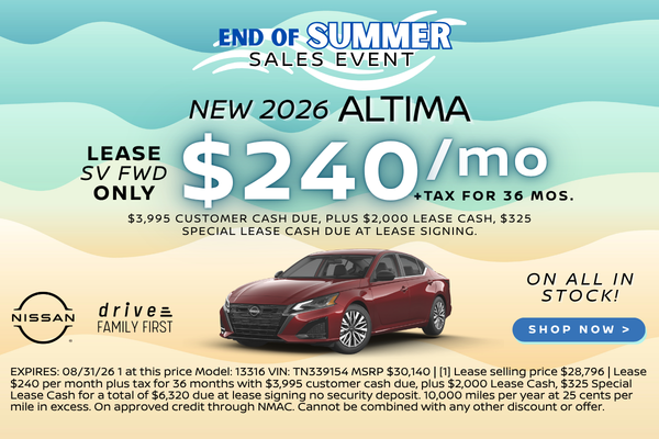 New 2026 Altima SV FWD Lease only 220/mo. for 36 mos.