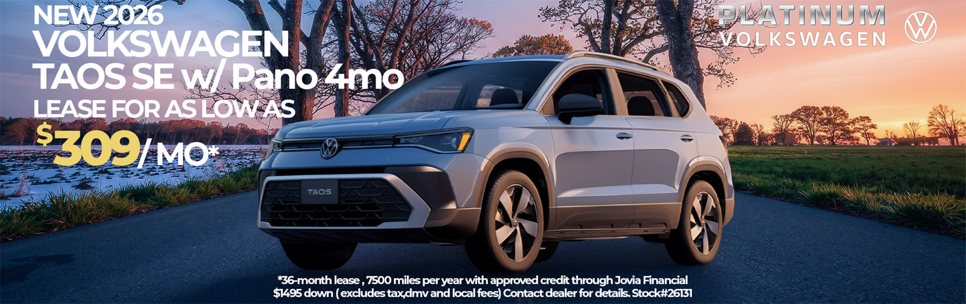 2026 Volkswagen Taos compact SUV lease offer $229 per month at Platinum Volkswagen dealership in Hicksville Long Island NY