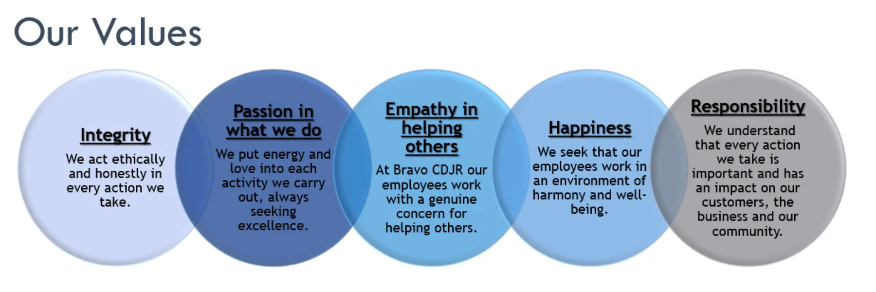 Our Values: Integrity, Passion in what we do, Empathy in helping others, Happiness, and Responsibility