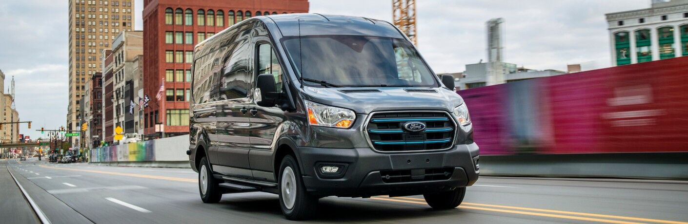 front view of a gray 2022 Ford E-Transit