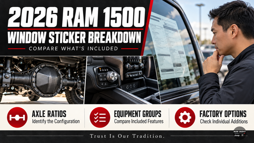 2026 Ram 1500 window sticker comparison guide covering axle ratios, equipment groups, and factory options for Bob Sight CDJR shoppers in Lawrence, Kansas
